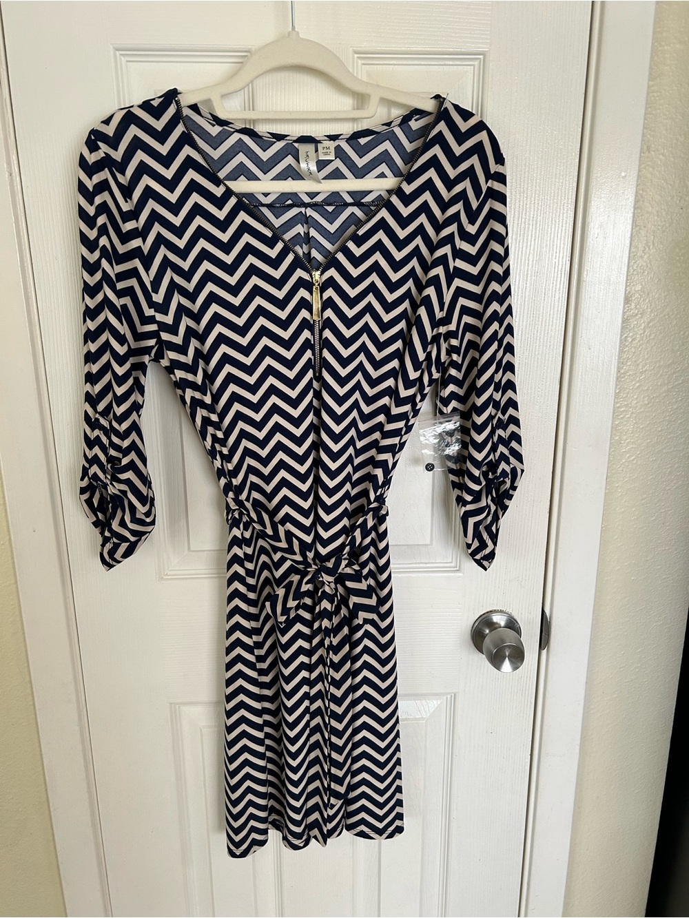 Tacera Navy and White Chevron Zip-Front Long Sleeve Dress